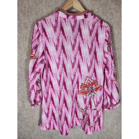 SOFT SURROUNDINGS Pink Altea Ikat Kimono Beaded Embroidered Loose Top SZ PXS - Picture 2 of 8